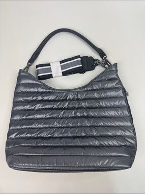 THINK ROYLN Quilted Nylon Hobo shoulder Bag in Silver Black stripe Strap NEW
